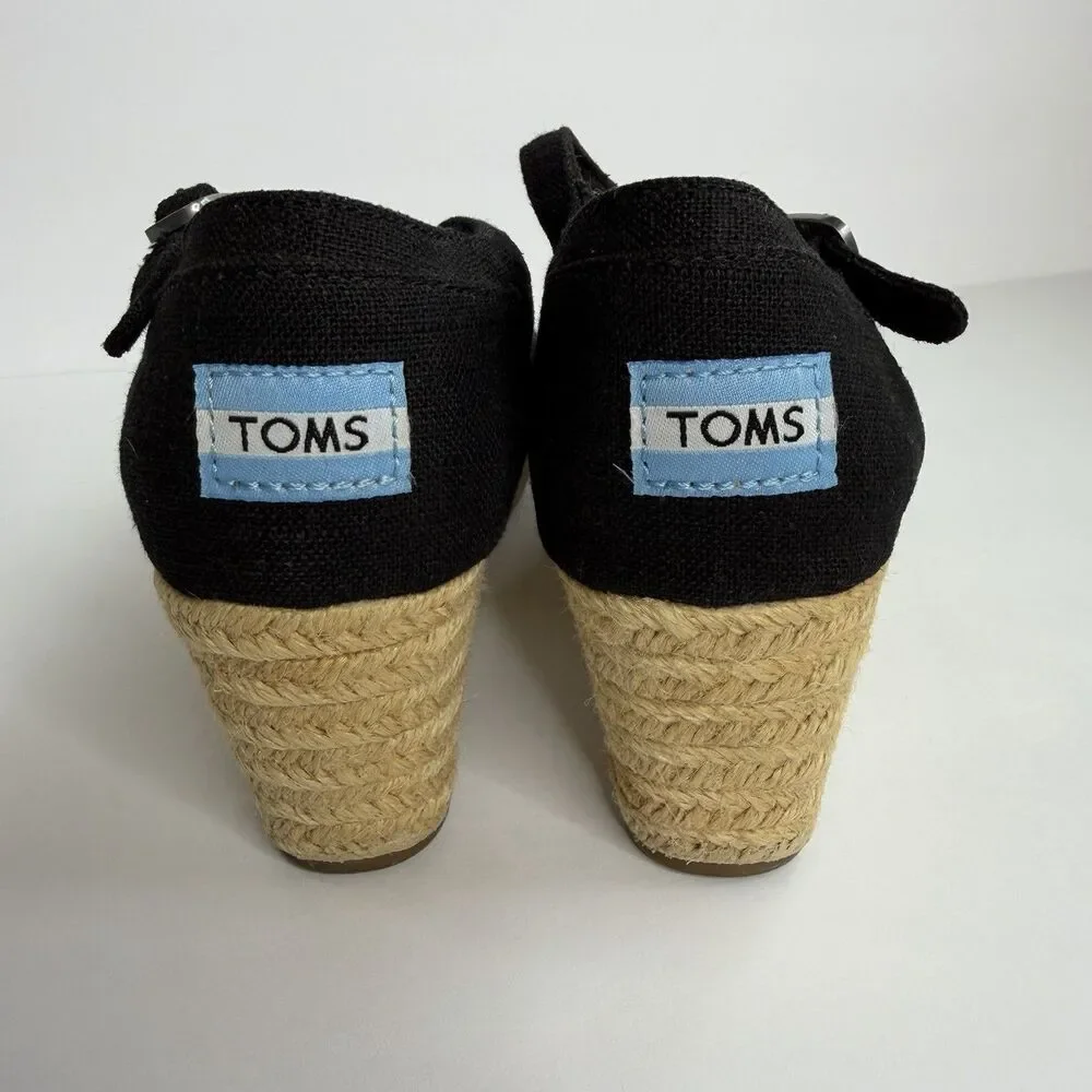 TOMS Black Canvas Peep Toe Jute Wedge Heel‎ Espadrille Sandals Sz 7